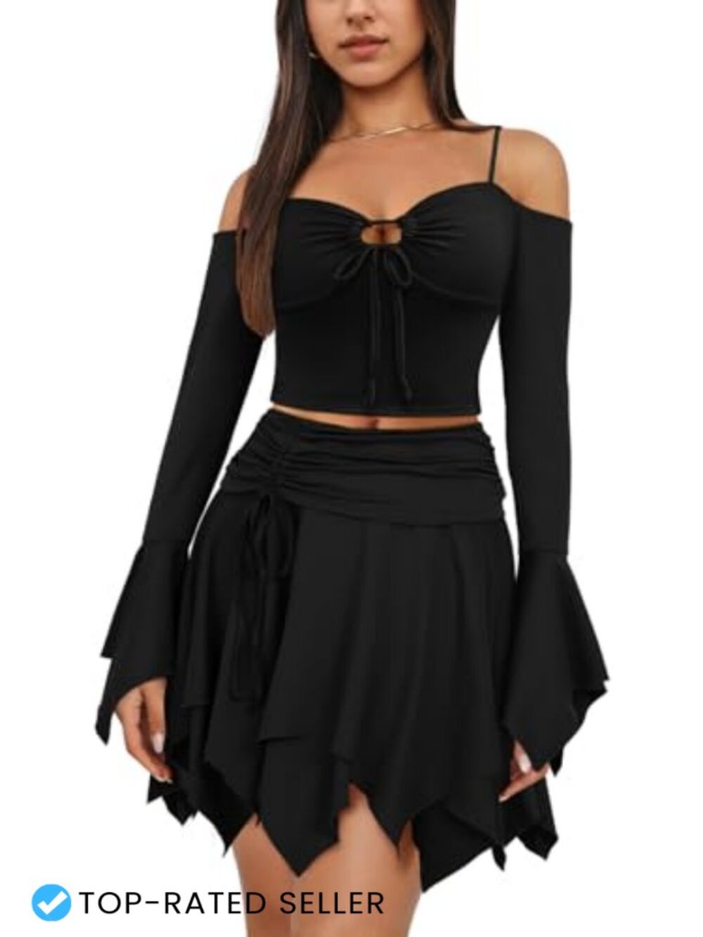 Womens Fairy 2 Piece Skirt Set Off Shoulder Long Sleeve Crop Top High Low Hem